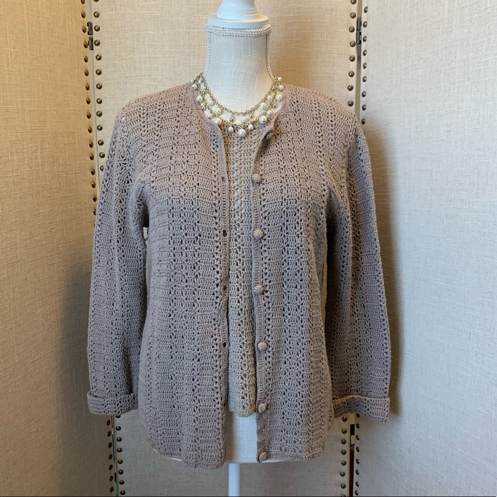 Crocheted Babette Ballinger Camisole/Sweater Set in Taupe